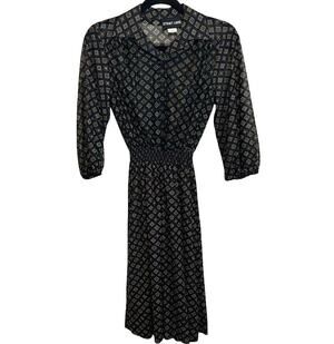 Strait Lane 70s Sheer Geometric Medallion Print Midi Dress Navy Poly Vintage S